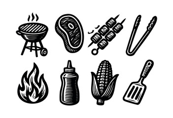 Collection of grilling and barbecue icons in a hand-drawn style — stock vector.