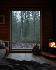 cabin, bay window, large window, forest view, nature view, secluded setting, cozy interior, rustic cabin, wooden cabin, scenic view, natural light, cabin retreat, tranquil space, interior design, 