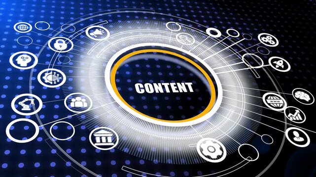 Content strategy management interface with digital publishing icons and engagement optimization workflow for business networking system