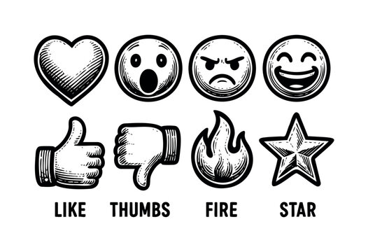 Engraved style icons representing heart, surprised, angry, laughing, like, dislike, fire, and star &mdash; stock vector.