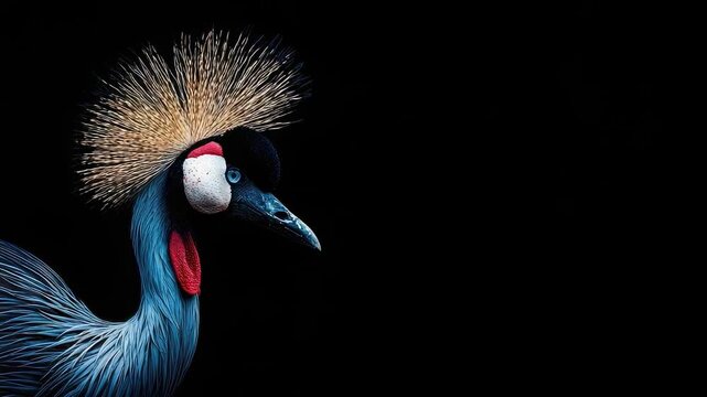 Blue bird-of-paradise with a golden spiky crown, white face and red throat patch against a black background.