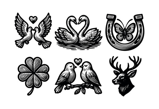 A collection of vector symbols including love birds, swans, a deer, a clover, and a horseshoe with a butterfly in a vintage woodcut style &mdash; stock vector.