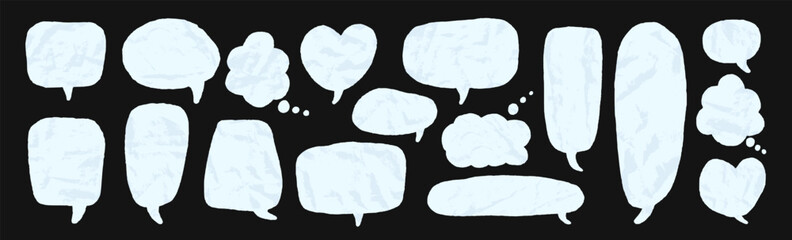 Crumpled paper speech bubbles with torn edges. Creative dialogue stickers blanks for comic chat templates, scrapbook and playful retro messaging designs. Vector text boxes isolated no background.