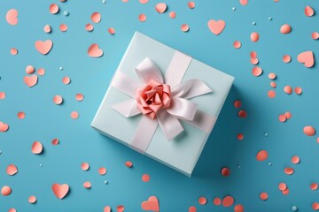 Light blue gift box with white ribbon and pink bow on pastel blue background with pink confetti, perfect for celebrating birthdays, valentine's day, mother's day, or anniversaries