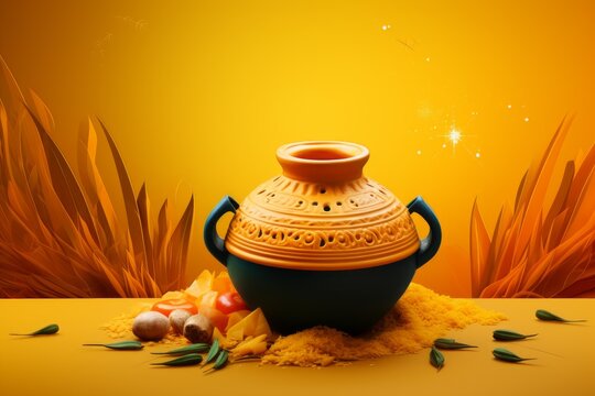 Ugadi festive still life composition featuring traditional clay pot, turmeric powder, mango leaves, spices, and vibrant yellow background