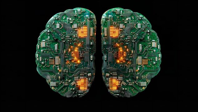 Digital brain halves made of glowing green circuit boards facing each other against a black background - Powered by Adobe