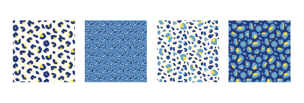 Blue yellow animal seamless pattern print collection. Leopard spots backgrounds set. Vector seamless bg. Camo trendy monochrome cheetah mini patterns. Modern irregular blobs ornaments wallpapers.