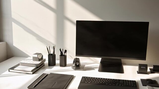 Modern minimalist desk setup with computer keyboard and office supplies