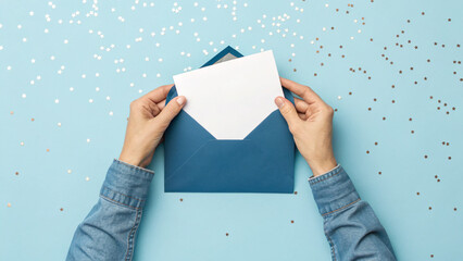 first person top view of Hands open a blue envelope with a white letter inside against a light blue background with scattered golden stars