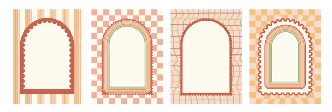 Arch scallop frames on checkerboard and grid banner set. Wavy edges doodle templates. Wave arc borders background. Poster invitation blank with door portal and rainbow stripes bg. Vector illustration.