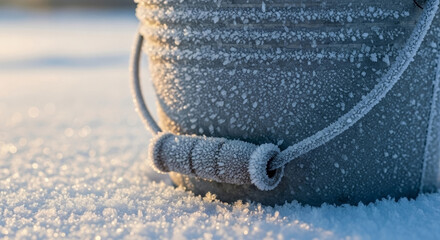 Close up of frosted water bucket standing on fresh white snow. Frosted water bucket covered in shimmering ice crystals, reflecting cold winter morning light.