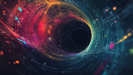 Abstract digital data stream tunnel moving rapidly toward a dark central singularity in cyberspace