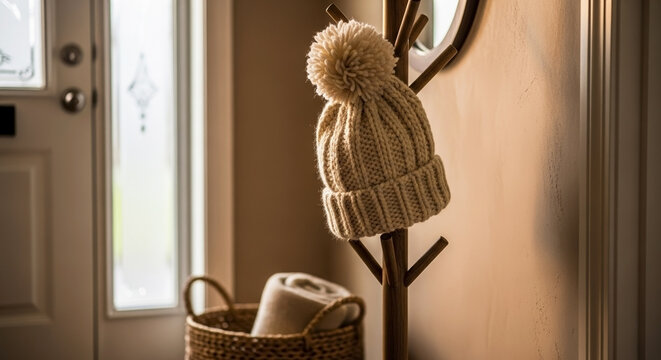 Knitted winter hat with fluffy pompom hangs on wooden coat rack in cozy home entryway. Warm beige knitted winter hat provides comfort on chilly days, inviting warmth. - Powered by Adobe
