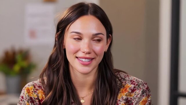 Young woman with long dark hair wearing a floral blouse speaks in an indoor casual interview setting.