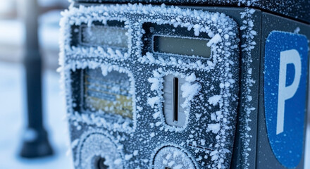 Close up ice on parking meter with intricate frost patterns covering digital display and coin slot. Winter weather conditions create challenging ice on parking meter situation for drivers.
