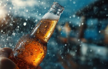 Droplets of a cool, chilled beer bottle are held up.  Cool beverage refreshment using a chilled brew flask elevated to a high, tiny moisture bead  Alcohol celebration party for summer thirst