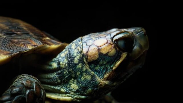 Close-up of a turtle&rsquo;s head with colorful markings against a black background.