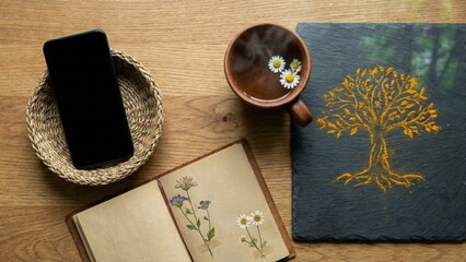 Flatlay with Unplugged Phone Silhouette, Gratitude Journal with Wildflowers, Chamomile Clay Cup, and Turmeric Tree-of-Life in Soft Forest Light - 1