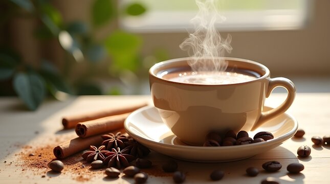 Steaming cup of coffee with cinnamon and anise - Powered by Adobe