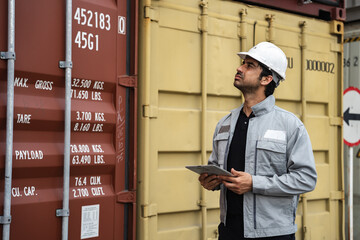 Man logistics workers use tablet computer with container background	