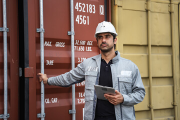 Man logistics workers use tablet computer with container background	