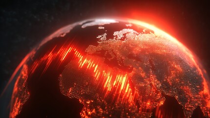 A plummeting graph with glowing warning signs on the globe signals a global economic crisis.