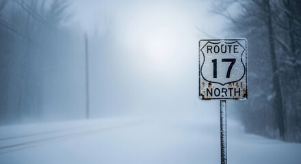 Route 17 North road sign in blizzard, covered snow, ice on desolate winter highway. Isolated road sign in blizzard represents dangerous driving, poor visibility, challenging travel.