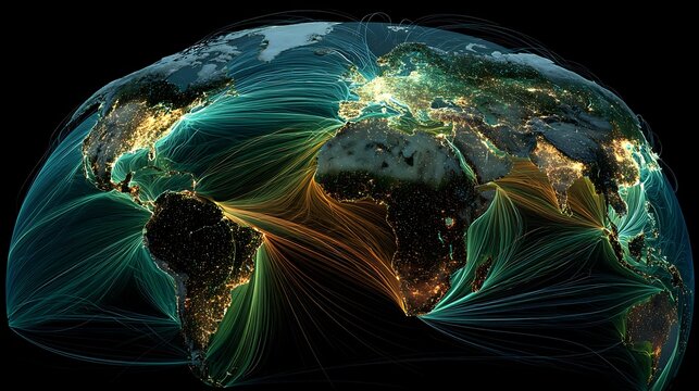 Global food market: agricultural products floating around the world connected by glowing trade lines