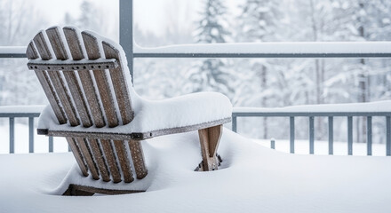 Deep fresh snow on deck chair positioned outdoors, winter weather covers wooden furniture with a thick blanket of pristine snow on deck chair, creating a serene cold scene.