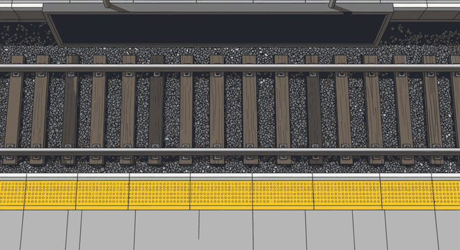 A precise, top-down view captures modern train tracks running parallel to a clean grey station platform with a bright yellow safety line, essential for urban transit.