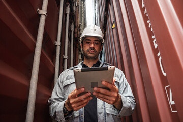 Man logistics workers use tablet computer with container background	