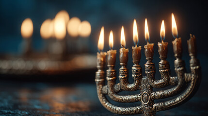 Menorah with candles lit during celebration in a dimly lit room at night