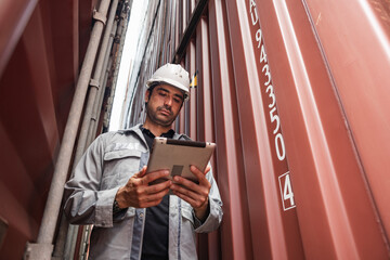 Man logistics workers use tablet computer with container background	