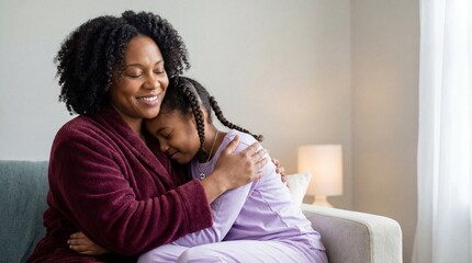 Obraz premium Loving African American mother embracing her young daughter with a tender hug while sitting on the sofa at home in the morning.