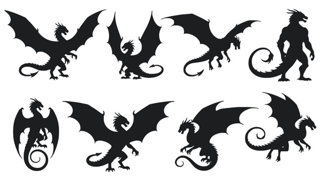 Black dragon silhouettes vector set fantasy creature design