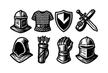 A bold black and white illustration showcases a set of medieval warrior armor and weapons, including helmets, chainmail, a shield, a sword, a hood, a quiver, and a gauntlet — stock illustration.