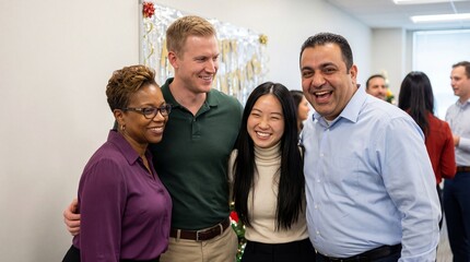Multiethnic group of business people smiling and laughing together at a corporate holiday party in a modern office environment.