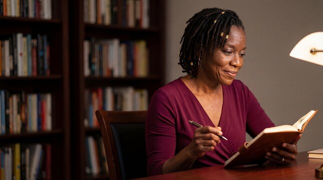 Mature Black woman with dreadlocks reading a book and writing notes at her desk in a home office with a bookshelf background.