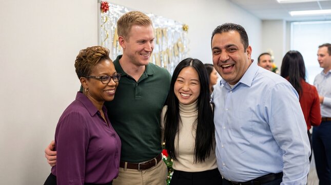 Multiethnic group of business people smiling and laughing together at a corporate holiday party in a modern office environment. - Powered by Adobe