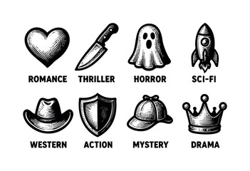 Illustrated icons depicting different movie genres in an engraved style — stock vector.