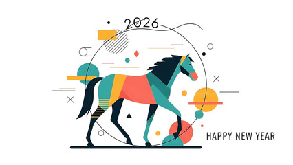 Geometric Horse Illustration for Happy New Year 2026 – Modern Abstract Design