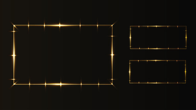 Set of three glowing golden rectangular frames with light effects on a dark background, perfect for luxury design elements