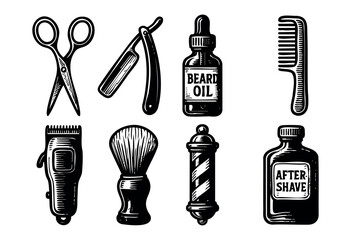A set of vintage barber shop tools in retro monochrome style — stock illustration.
