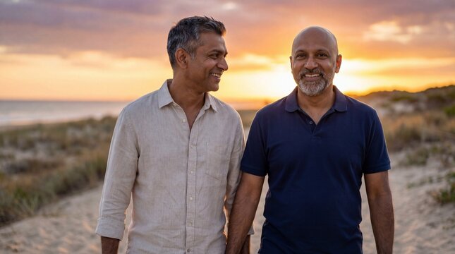 Happy middle-aged gay couple holding hands and walking on the beach at sunset, enjoying a romantic vacation outdoors.