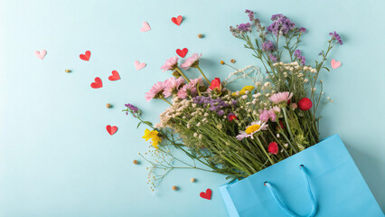 Flowers are arranged in a blue shopping bag. Small hearts are scattered around the bag on a light background