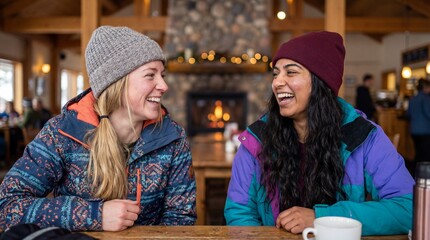 Two cheerful diverse female friends in winter jackets and beanies laughing and talking together at a table in a cozy rustic ski lodge.