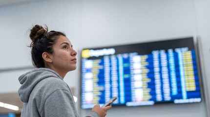 Young woman passenger with phone looking up at the airport departure board screen while waiting for her flight.