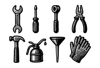 Fototapeta premium Set of hand tools in engraved style isolated on white background — stock vector.