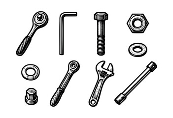 Fototapeta premium An assortment of black and white tools and fasteners is precisely illustrated in a vintage woodcut style — stock vector.