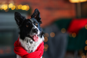 Cute dog with red scarf at home, space for text. Christmas atmosphere